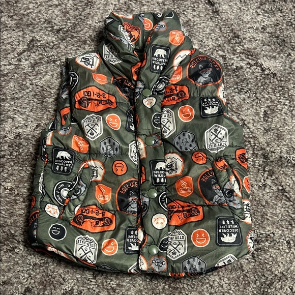 Joe Fresh Other - Olive Green & Orange Kids Puffy Vest with Adventure Patch Print